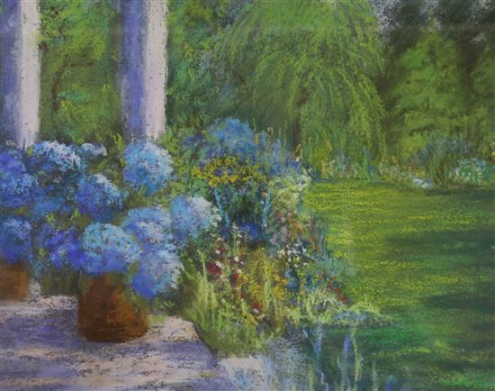 Ann Hutchison, pastel, Garden scene with hydrangeas, 18 x 23cm